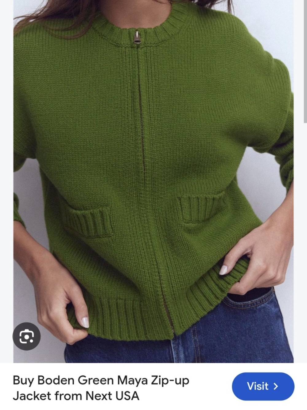 Boden Olive-Green Zip Front Knit Cardigan